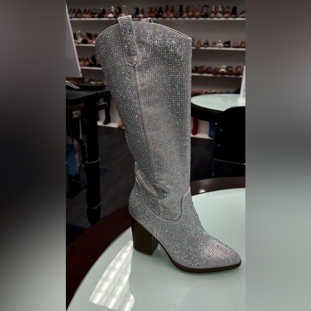 Silver Crystal-Embellished Heeled Knee Boot